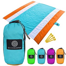 ECCOSOPHY Manta de Playa a Prueba de Arena - Alfombra de Playa Extra Grande Sin Arena de 9'x10' - Manta de Picnic Ligera para Exteriores Anclada con 4 Bolsillos de Arena en las Esquinas y Estacas de
