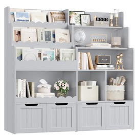 FOTOSOK Toy Storage Organizer, Large Kids Bookshelf Toy Organizer with 4 Movable Drawers and 3 Storage Cubbies, Toy Organizer and Storage Toy Shelf Organizer Kids Toy Storage for Playroom, Grey