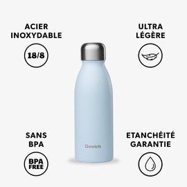 QWETCH ONE Stainless Steel Bottle, Ultralight Pastel Blue, 500 ml, Single Wallet, Waterproof, BPA Free & Reusable - Everyday Stainless Steel Water Bottle, Non-Insulated