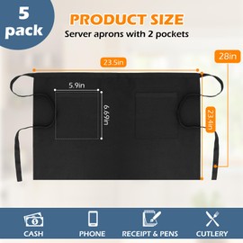 WenYa 5 Pack Black Waterproof Waist Apron for Waiters and Waitresses, Half-Length Unisex Server Aprons with 2 Pockets, Durable & Easy-Clean for Kitchen, Cooking, Restaurant, Cleaning, Gardening