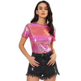Allegra K Women's Party Metallic Textured Short Sleeve Shiny Multicolor Top Large Pink