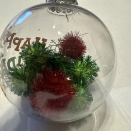 Merry And Bright New Happy Holidays Plastic Ball Sphere Filled With Red & Green Balls Large 6 In