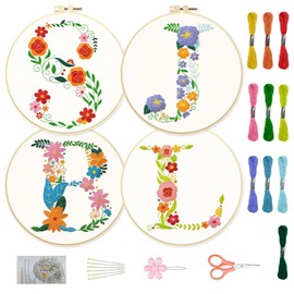 ORIGACH 4 Pack Initial Letters and Flowers Embroidery Kits for Beginners, DIY Starter Embroidery Kit with Floral Monogramed Letters B J S L Patterns and Instructions for Adults Women Crafting