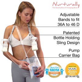 Chrome Cherry Truly Hands Free Pumping Bra - Nurturally - Fits 36A to 46D, Comfortable, Adjustable, Works with Lansinoh, Spectra, Evenflo - White and Silver