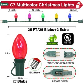 C7 Christmas String Lights 25Ft Vintage Multicolor Lights with 27 Colorful Incandescent Bulbs Outdoor String Lights for Christmas Party Backyard Wedding Christmas Decor Green Wire Transparency