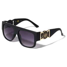 Dweebzilla Flat Top Lion Head Medallion Gold Buckle Retro Square Aviator Sunglasses (Matte Black & Gold Frame - Black Gradient Lenses)