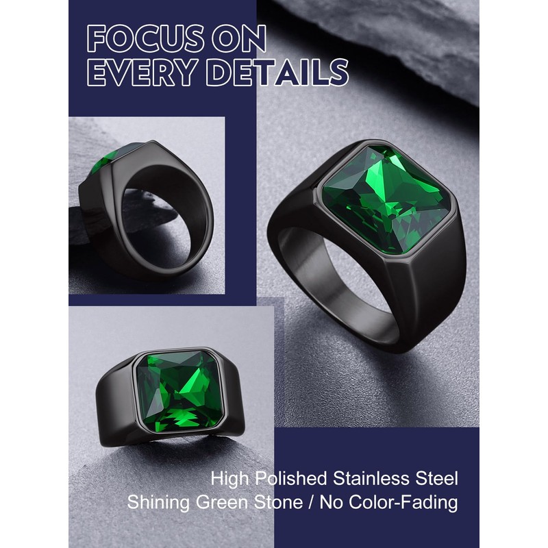 Bandmax Gemstone Signet Rings for Men, Stainless Steel Sovereign Ring