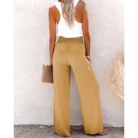 utcoco Womens Casual Cotton Linen High Waist Button Wide Leg Palazzo Pants (S, Khaki)