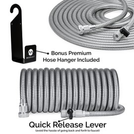 Morvat 100 Foot Stainless Steel Garden Hose with Shut-Off Valve, Heavy Duty Metal Water Hose, Resistant to Tangles and Punctures, Garden Hose 100 FT Includes: Hose Spray Nozzle + Metal Hose Hanger