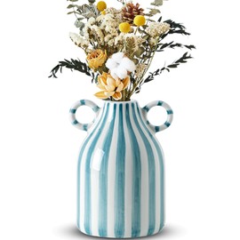 Blue and White Ceramic Vase, Mid Century Modern Striped Small Vases for Flower&pampas Grass Centerpiece, Blue White Checkered Vase for Dining Table Kitchen Tabletop Minimalist Decorative