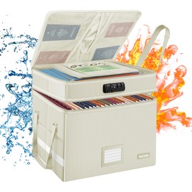 DocSafe File Box with Lock,Multi-Layer Fireproof Document Box Collapsible File Storage Organizer with Pockets/Handle,Large Portable Home Office Filing Box for Hanging Letter/Legal Size Folders,Beige