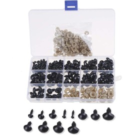 KIMOBER 194 PCS 5mm-14mm Solid Black Eyes and Noses with Washers, Craft Plastic Safety Eyes Stuffed Crochet Eyes Doll Eyes and Nose Sewing for DIY of Puppet Plush Animal Making and Teddy Bear