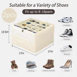 MYUPDALIN Shoe Organizer for Closet with Clear Cover and Adjustable Dividers,16-Slot Shoe Storage Box Fits Up to 16 Pairs with Reinforced Handles (2PCSbeige)