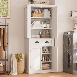 YESHOMY 72" Tall Storage Cabinet with Adjustable Shelves, Kitchen Pantry, Large Cupborad with 1 Drawer, Metal Handle for Living Room, Bathroom, Pure White