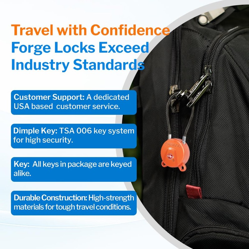 Forge TSA Approved Luggage Locks Ultra-Secure Dimple Key Cable Locks