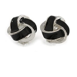 18mm D/Black Enamel Knot Clip On Earrings in Silver Tone