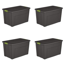 Sterilite 19453V04 35 Gallon/ 132 Liter Latch Tote, Flat Gray Lid & Base w/Soft Fern Latches, 4-Pack