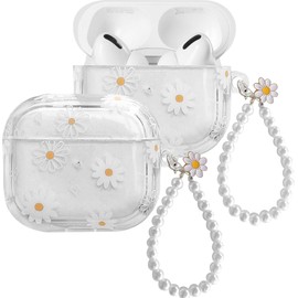 ECZOIL Cute Case Compatible with AirPods Pro 2nd/1st Generation, Cute Daisy Flower Soft Clear TPU Headphone Protective Case with White Daisy Keychain-White Daisy