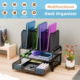 Simple Trending-File Organizer for Mesh Desk, Office Supplies Desktop Storage with Sliding Drawer, Double Tray and 5 Upright Section Sorter Organizer, Black