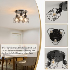 ROCUNSI 3-Light Kitchen Flush Mount Ceiling Lights, Farmhouse Black Metal Cage Ceiling Lamp for Hallway Dining Room Bedroom, 180° Adjustable Multi-Directional Chandelier Light Fixture, E26 Base