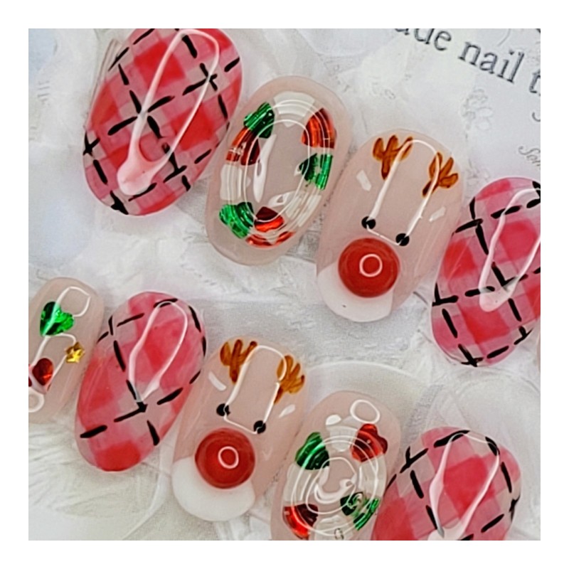 Christmas Rudolph handmade nail tips - Almond S / 크리스마스