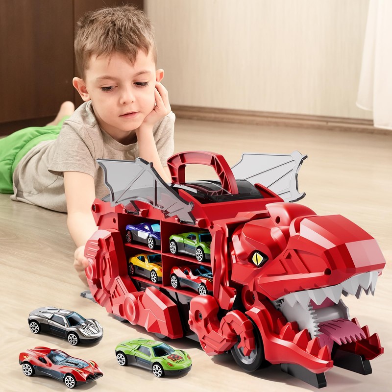 Blmukce Dinosaur Truck Toys with 12 Diecast Racing Cars (Red)
