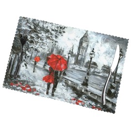 London Placemats Set of 6,Westminster Big Ben Place Mats Heat Love Red Tree Lover Couple Red Umbrella Table Mat Polyester Kitchen Place Mats for Dining Table