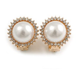 17mm D/Classic Faux Pearl Clear Crystal Button Shape Clip On Earrings in Gold Tone