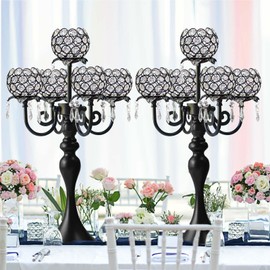 kolnlala 2Pcs Elegant 5-Arm Tea Light Crystal Candle Holder with Pendant Chain & Round Crystal Bowl - 22.5 Inch Tall Black Wedding Table Centerpiece for Holiday Events, Parties & Home Decor