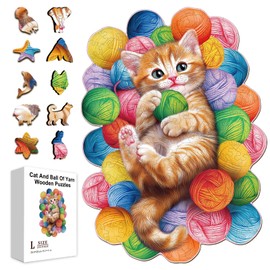 GLOBLELAND 200Pcs Cat and Ball of Yarn Wooden Jigsaw Puzzles for Toddler Children Learning 15.2x11inch Colorful Cute Animals Wood Puzzles Holiday Birthday Gifts for Aldult