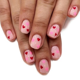 OHWODA Pink Valentine’s Press on Nails Short Square Valentine’s Day Fake Nails with Red Pink Small Hearts Designs Glossy Pink Valentine’s Acrylic Nails Full Cover Hearts False Nails for Women 24Pcs