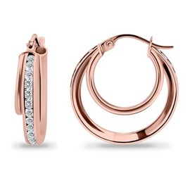 Sterling Silver Lightweight Cubic Zirconia Channel Set 20mm Double Hoop Earrings, Metal, Cubic Zirconia