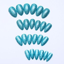 Awxfoo Almond Shaped Short Fake Nails Presser Nails Glitter Nails For Women and Girls 24 Piece Set Blue Green