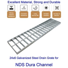 DuuMuut Galvanized Steel Drain Grate 24x6 for NDS Dura Channel, Outdoor Drain Cover, B Class Replacement Sewer Grate Durable Heavy Duty, Sliver Rectangle Drainage Grate for Driveway, Concrete, Yard