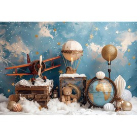 YongFoto Travel Adventure Theme Backdrop 5x3ft Cute Clouds Sky Stars Bear Globe Photography Background Adventure Awaits Baby Shower Girl Boy 1st 2nd Birthday Party Banner Kids Portraits Photoshoot