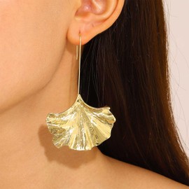 Cybche Boho Ginkgo Leaf Dangle Hook Earrings Gold Textured Leaf Drop Earrings Metal Ginkgo Earrings Exaggerated Leaf Earrings Matte Leaf Hoop Earrings Jewellery for Women, Zinc, No Gemstone