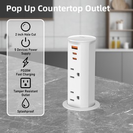 ANNQUAN 2 inch Space Saver Pop Up Outlet for Countertop with PD20W USB Ports,2 Outlets Tamper Resistant,Splashproof Pop Up Socket,Desk Power Grommet for Home Office Kitchen White (ETL Listed)