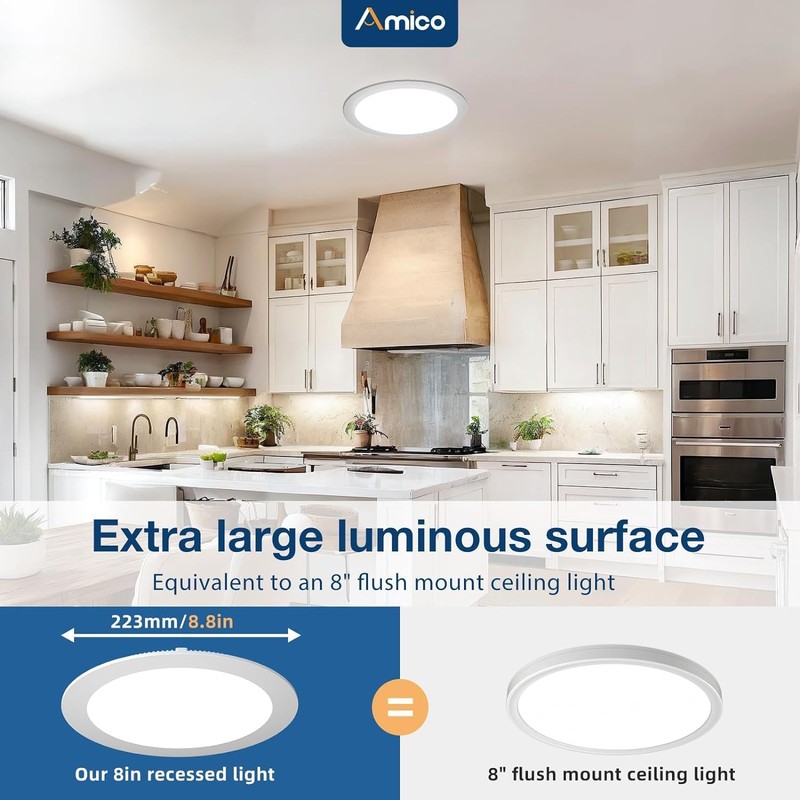 Amico 6 Pack 8 Inch 5CCT Ultra-Thin LED Recessed Ceiling