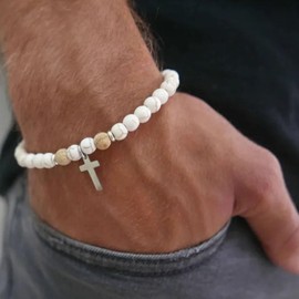 YANCHUN Cross Beaded Bracelet for Men Christian Gift Mens Cross Charm Bracelets Adjustable Jesus Faith Religious Easter Catholic Communion Baptism Christmas Jewelry Gift for Men