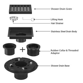 EXF Square Shower Drain 4 Inch Matte Black, Stainless Steel Shower Floor Drain Kit with Flange, Removable Cover Grid Grate, Hair Strainer