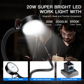Kuoleopa 20W Magnetic LED Work Light, 2000LM, 500mm Flexible Gooseneck, for Sewing Machine, Lathe, Work Bench, Shop Lighting