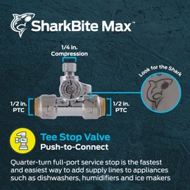 SharkBite Max 1/2 x 1/2 x 1/4 Inch Compression Tee Stop Valve, Push to Connect Brass Plumbing Fitting, PEX Pipe, Copper, CPVC, PE-RT, HDPE, UR24983A