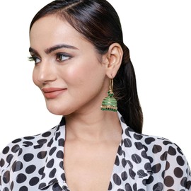Bodha Traditional Indian Gold Plated With Green Colour CZ, Crystal Studded Jhumka Chand Bali Earring For Women -Green (SJE_80_G)