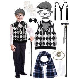 SOMSOC 15 Pcs Kids 100 Days of School Costume for Boys Pretend to be Grandpa Costume Old Man Accessories for Cosplay School