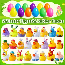 24 Pcs Easter Duck with Egg Shells, Cute Rubber Ducks for Kids, Easter Ducks in Colorful Eggs, Assorted Duck Designs for Easter Egg Hunts, Party Favors, Birthday Gifts, Kids Pool Toys