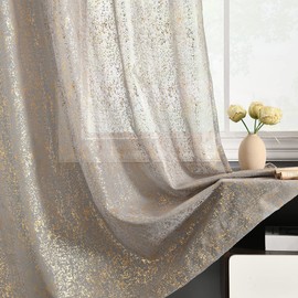 TERLYTEX Grey Gold Sheer Curtains 84 Inch Length, Metallic Gold Foil Sparkle Glitter Sheer Curtains for Living Room, Rod Pocket Privacy Sheer Window Curtains, 52 x 84 Inch, 2 Panels, Grey Gold