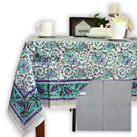 Sweet Us Ashlyn Block Print Tablecloth for Square Tables 70x70 and One Gray Napkin, Floral Cotton Kitchen, Dining Linen, Purple, Turquoise, Beige