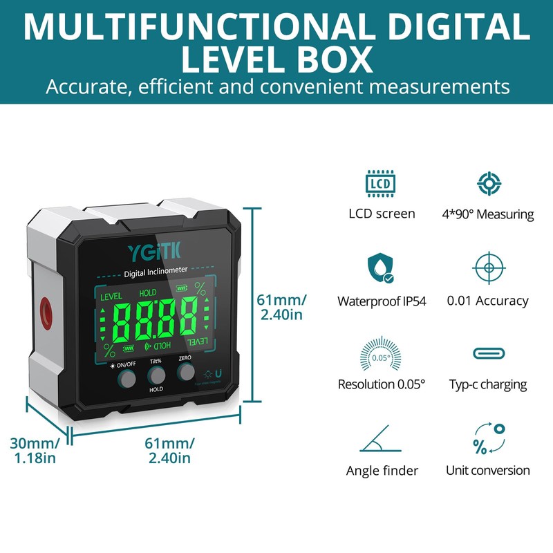 YGiTK Digital Level Box Angle Finder Level Gauge, 4-Side Aluminum