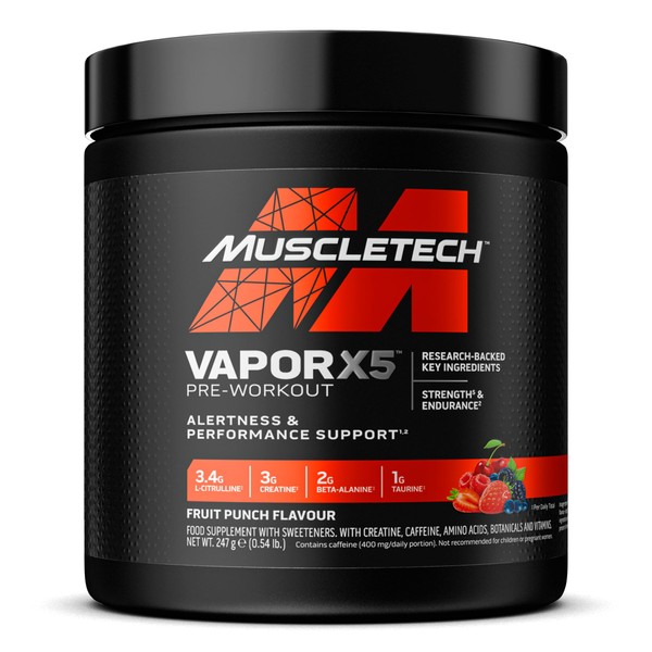 MuscleTech Vapor X5 Pre-Workout Powder, Dietary Supplement with 3 g Creatine Monohydrate Powder, Beta Alanine, Alertness and Performance with Caffeine, 30 Servings, 252 g, Fruit Punch