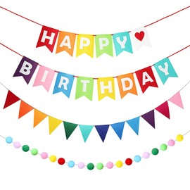 SKTMH Rainbow Birthday Decorations Felt Happy Birthday Banner Felt Ball Garland Colorful Pennant Flag Banners Happy Birthda-y Sign Rainbow Bunting Decorations for Mantel Window Door